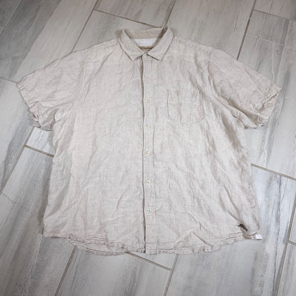 Tommy Bahama Mens XXL Beige 100% Linen Short Sleeve ButtonDown Shirt Marlin Logo